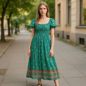 NWT Multicolored Aqua Maxi Sundress with Flutter Sleeves and Square Neck Size M